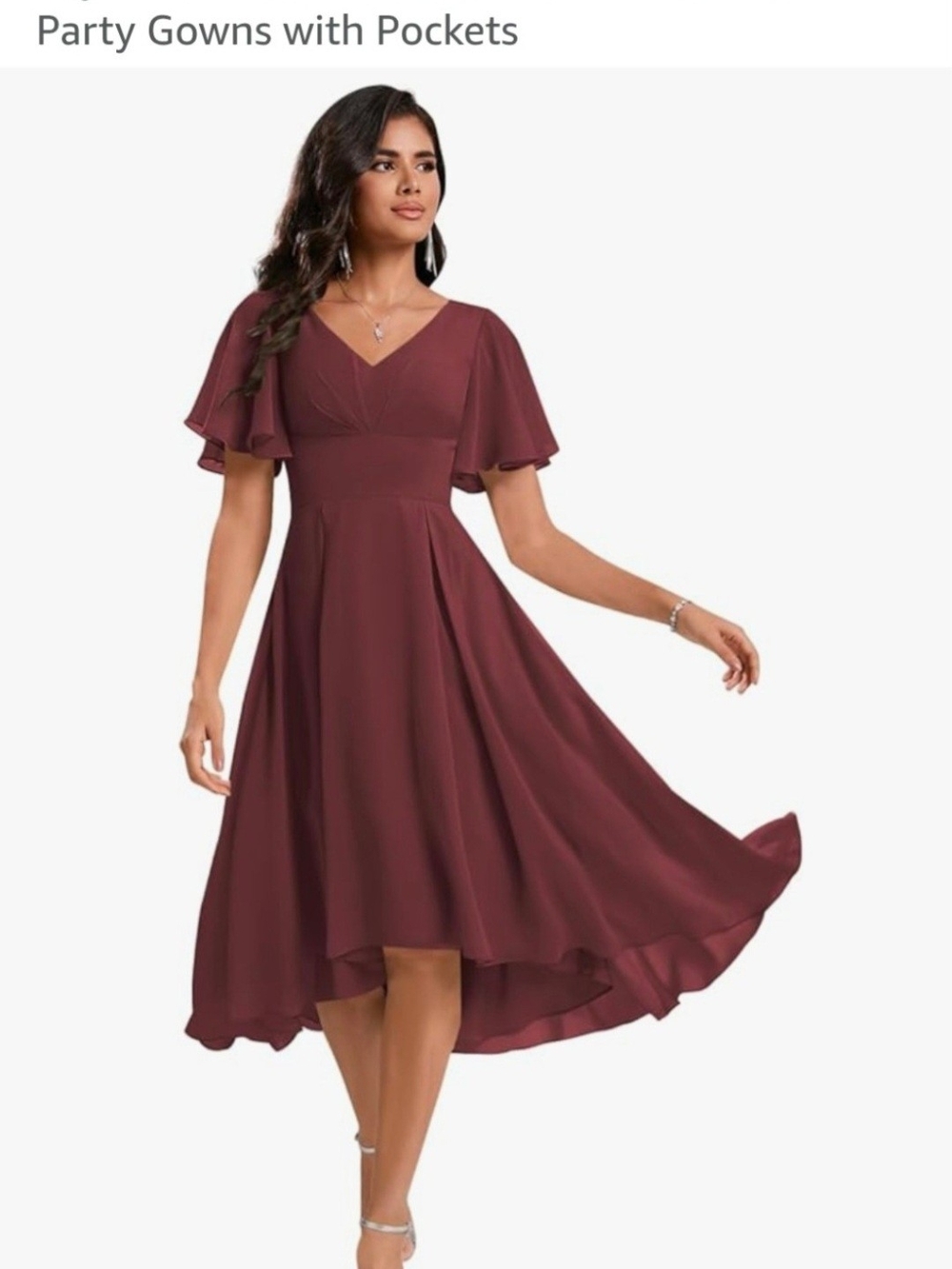Women's V-Neck Flutter Sleeve High-Low Party Dress - Burgundy